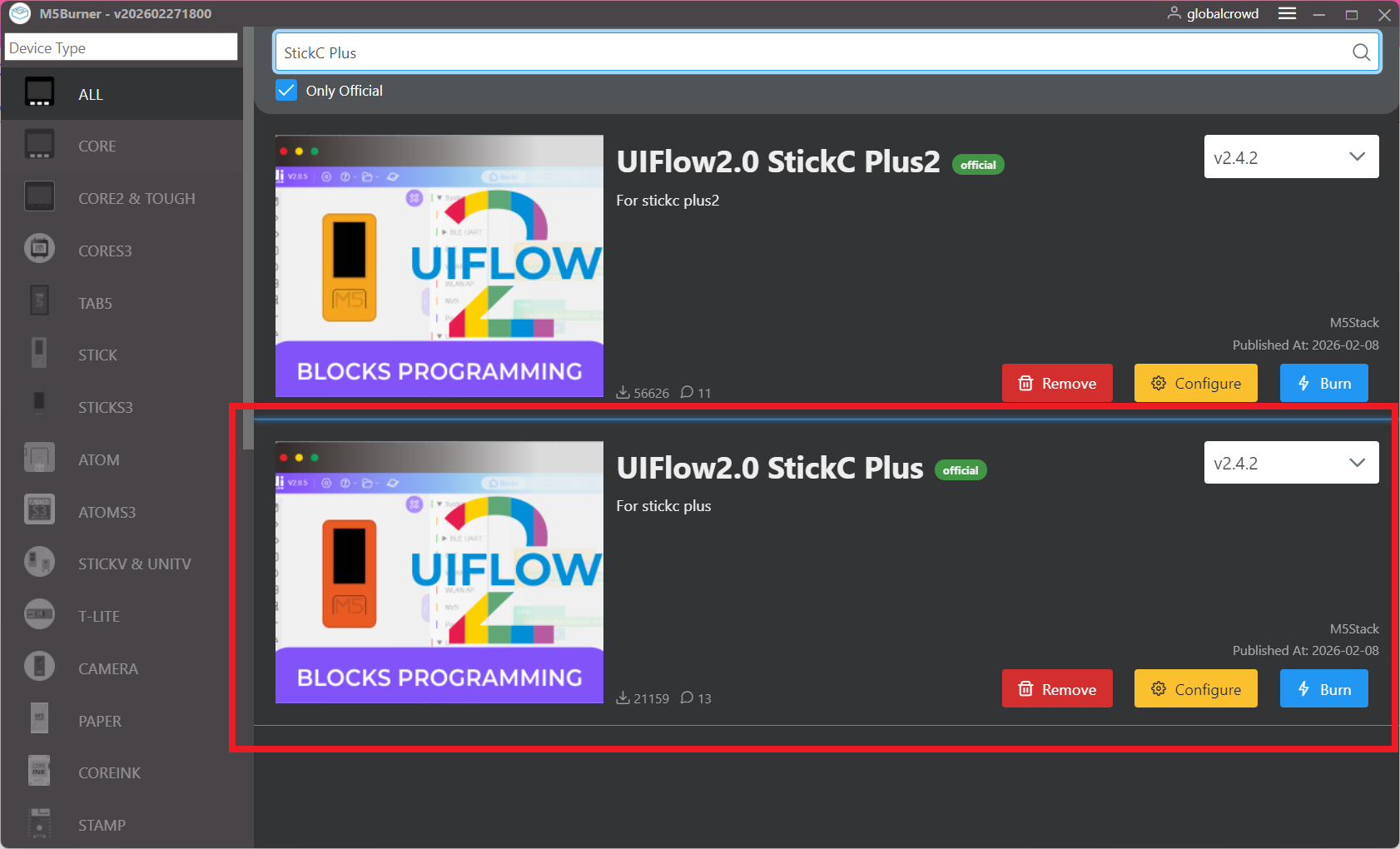 M5Burner firmware selection β select UIFlow2.0 StickC Plus (highlighted), not StickC Plus2