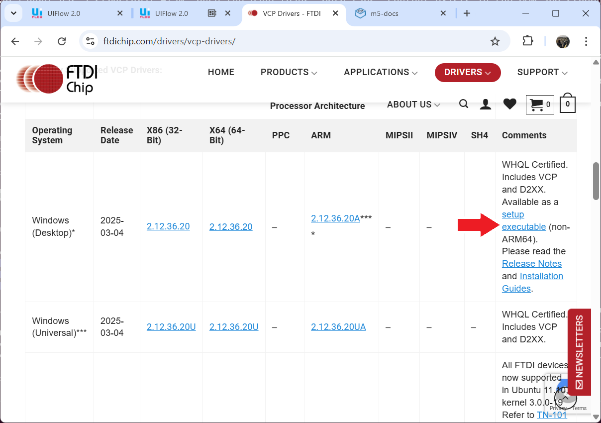 FTDI VCP driver download page β click the setup executable link for Windows Desktop